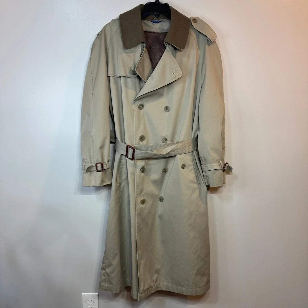 Stafford Tan Trench Overcoat Zip-Out Liner Double Breasted Belted Khaki Mens 44R